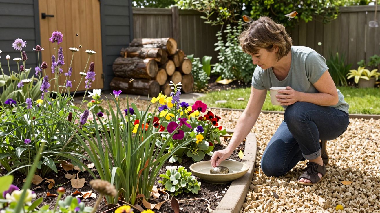 Woman kneeling in garden, watering colourful flowers with a can, logs stacked in the background.