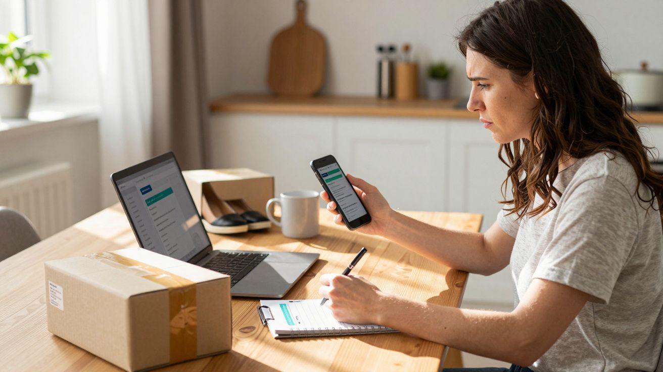Woman at a desk with a smartphone and laptop, taking notes. Packages and a pen are nearby.