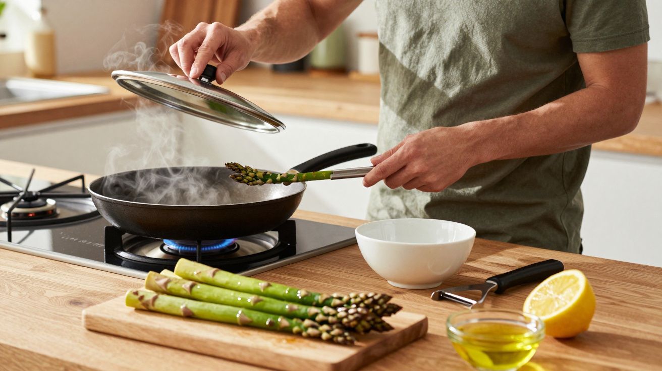 Person cooking asparagus in a frying pan on a hob, with lemon, oil, and a bowl on a wooden counter.