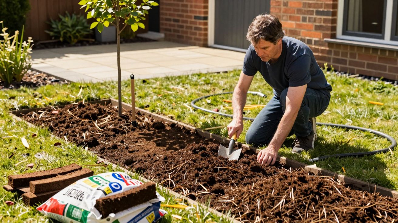 Man gardening, kneeling to plant in a soil bed with a spade, bags of compost nearby, sunny day in residential garden.