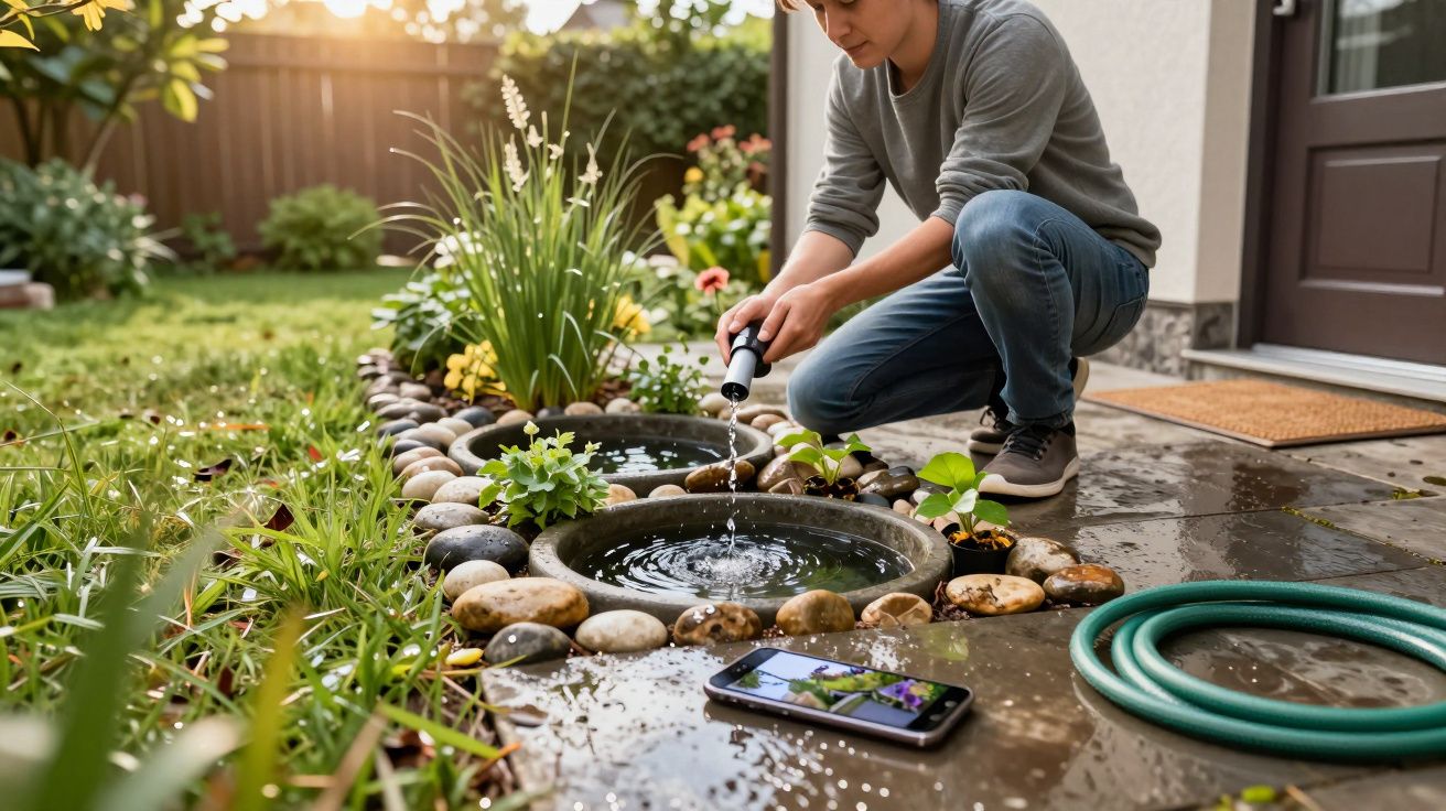 Person watering garden pond beside house, surrounded by stones and plants, with a smartphone and hose on wet ground.
