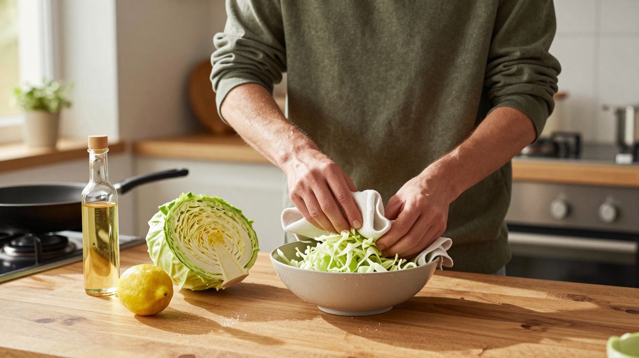 Person preparing cabbage in kitchen, with half cabbage, lemon, and oil bottle on wooden counter.