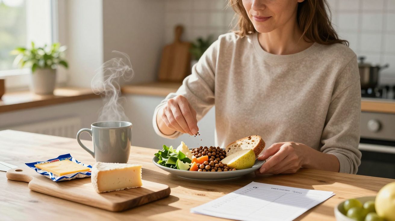 Woman enjoying a healthy meal with chickpeas, salad, and bread at a wooden table, alongside cheese and a steaming mug.