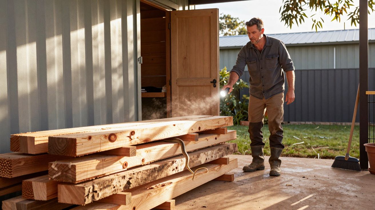 Man inspecting stacked timber with a tape measure outside a shed in a garden setting.