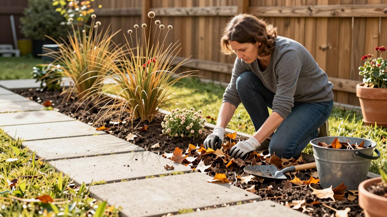 Woman gardening, wearing gloves, collects fallen leaves into bucket, kneeling by a path with green and autumn foliage.
