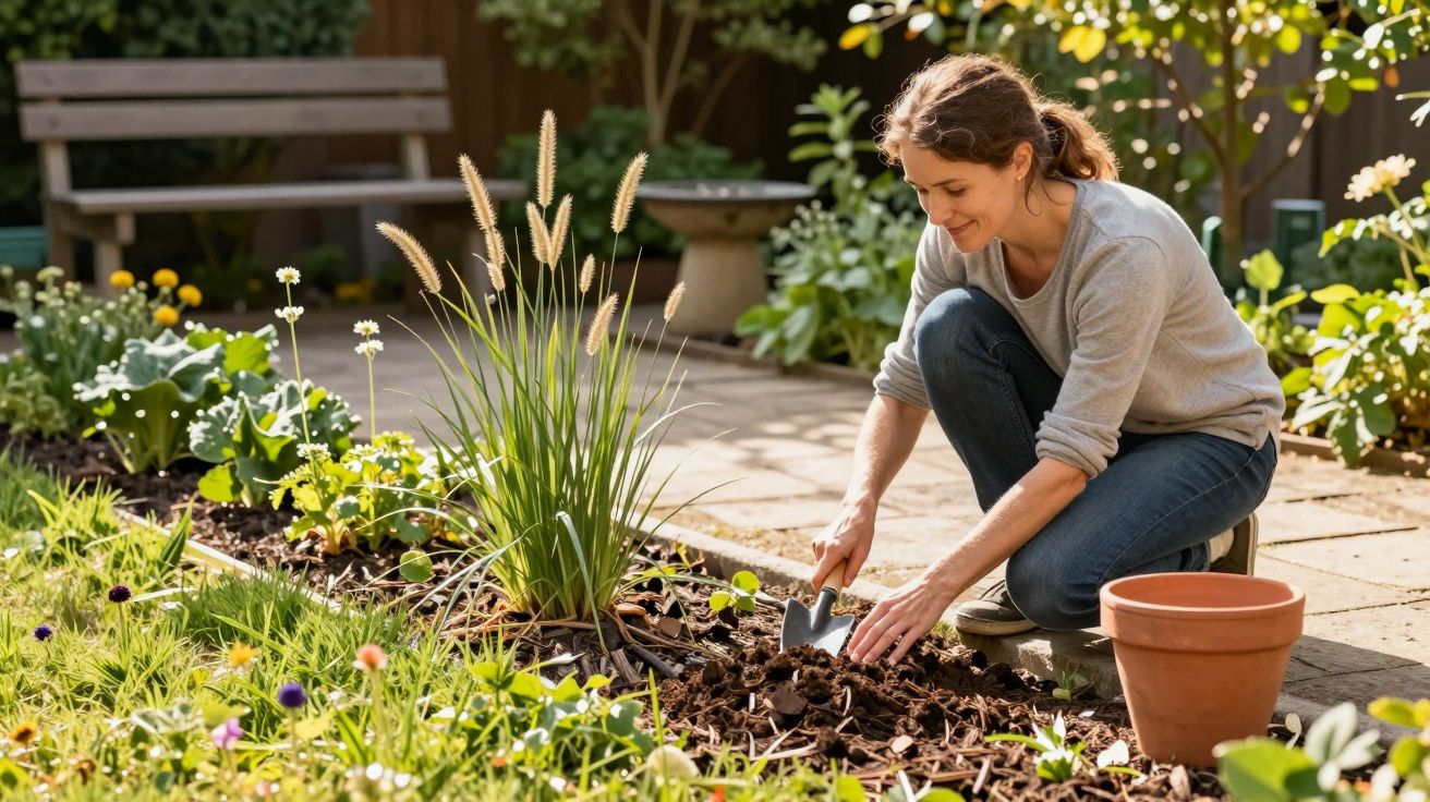 A woman gardening with a trowel in a sunny garden, surrounded by plants and flowers, near a terracotta pot.