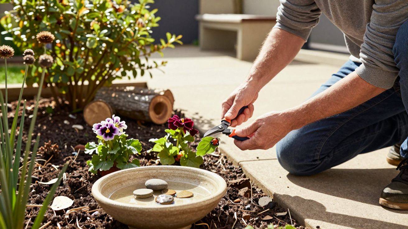 Man kneeling in garden, pruning flowers near a small stone birdbath.