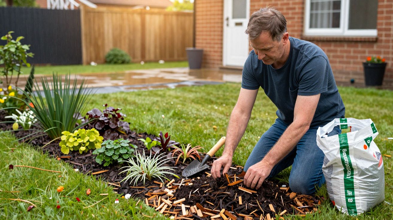 Man gardening, kneeling and planting in a flower bed next to a brick house with a bag of soil and trowel nearby.