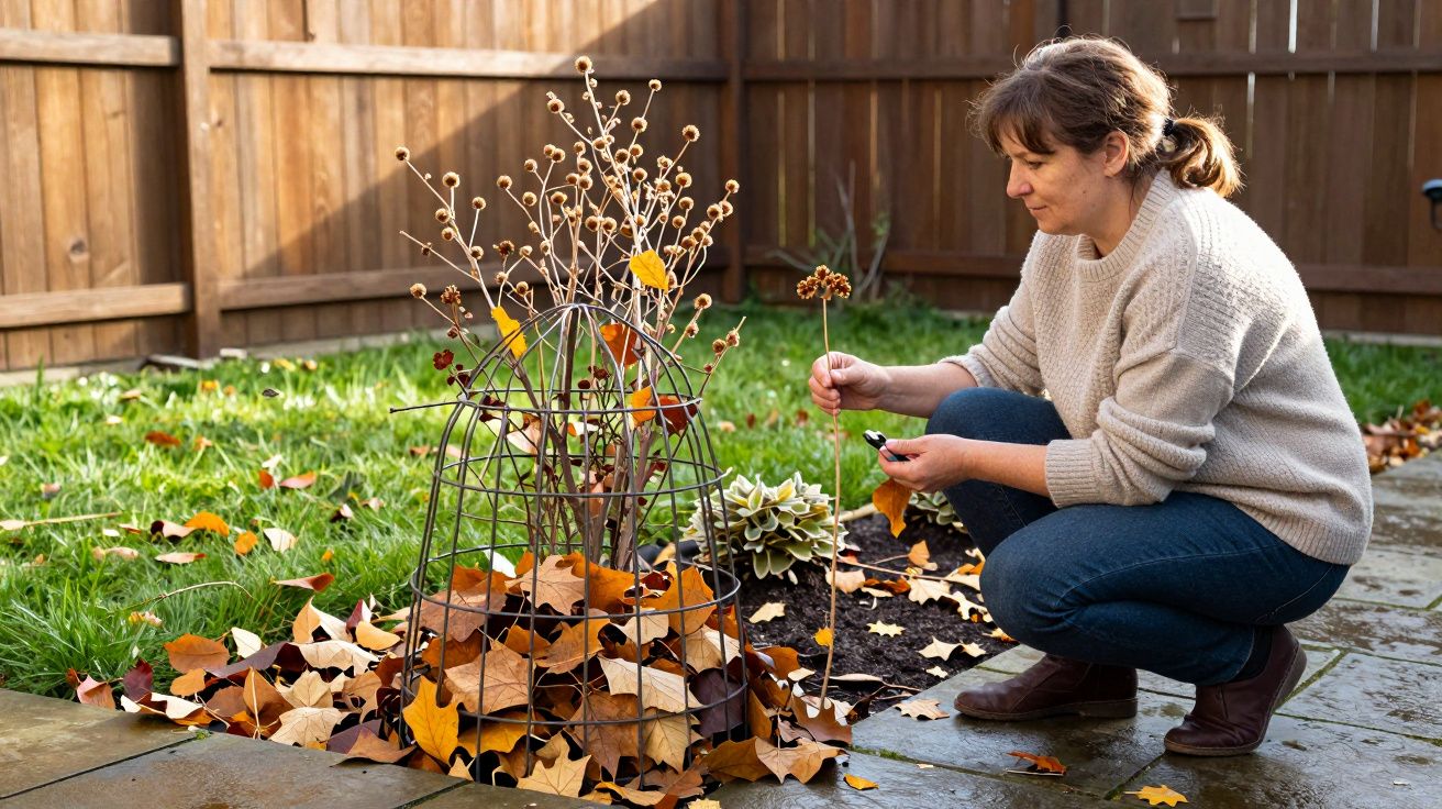 Woman kneels in garden arranging twigs in a metal support amidst autumn leaves, with wooden fence in background.