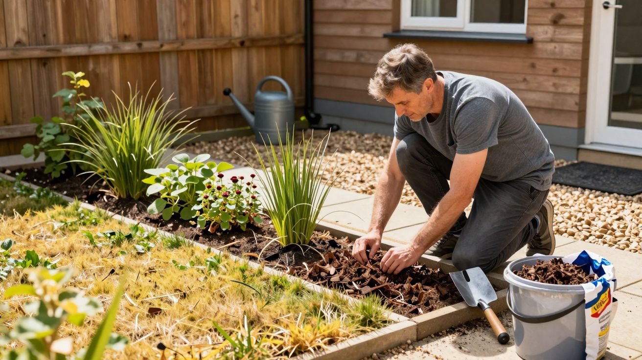 Man gardening, kneeling beside flower bed, adding mulch, spade and pail nearby, wooden fence and house in background.