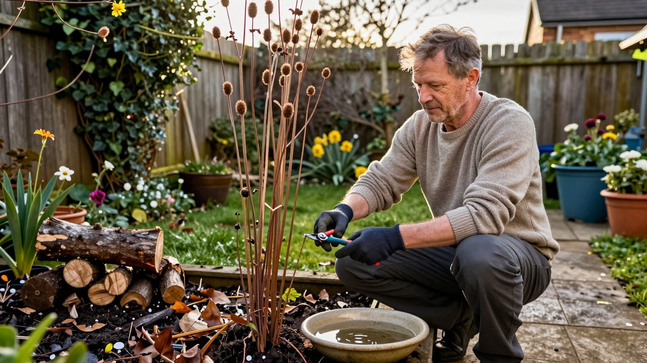 Man in grey jumper and gloves gardening, trimming plants in a backyard with potted flowers and wooden logs.