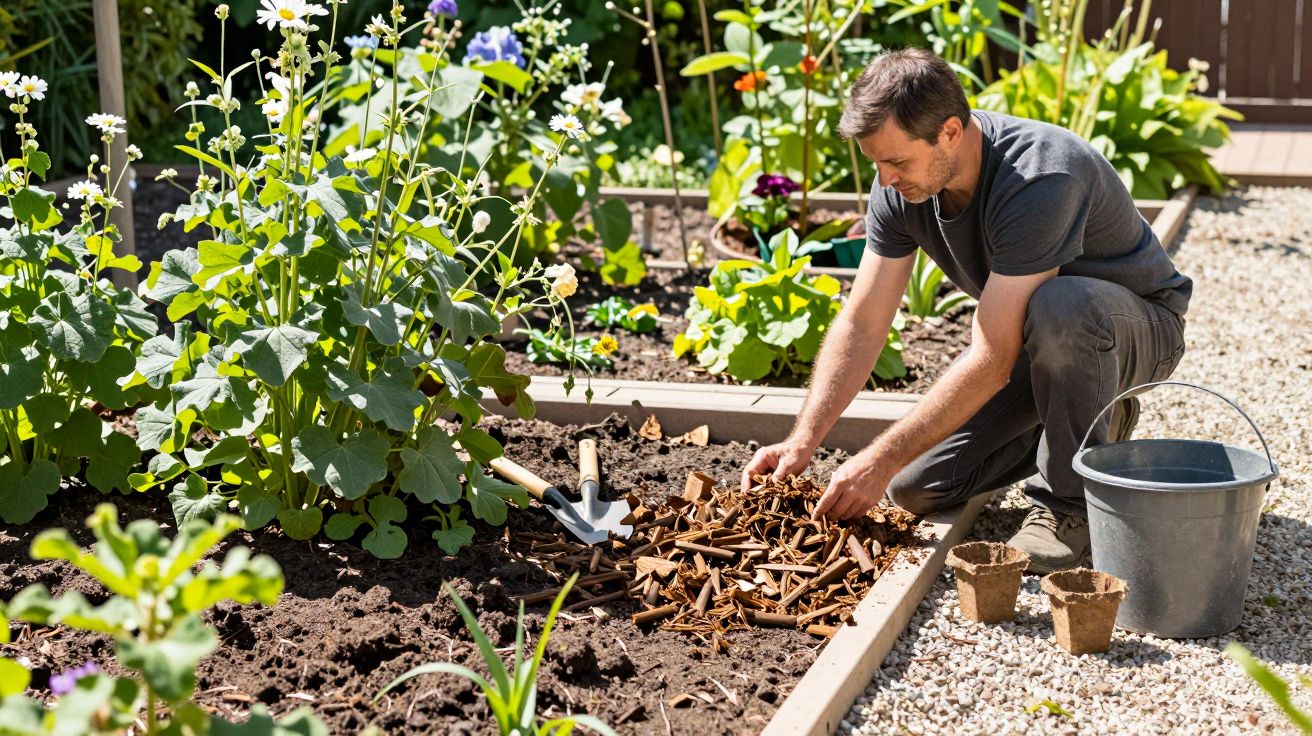 Man mulching a flower bed in a garden, surrounded by plants and gardening tools on a sunny day.