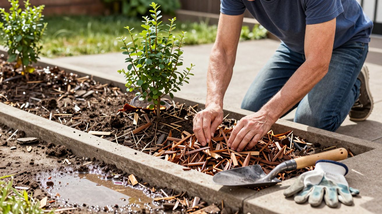 Gardener spreading mulch around young plants in a garden bed, with trowel and gloves beside him.