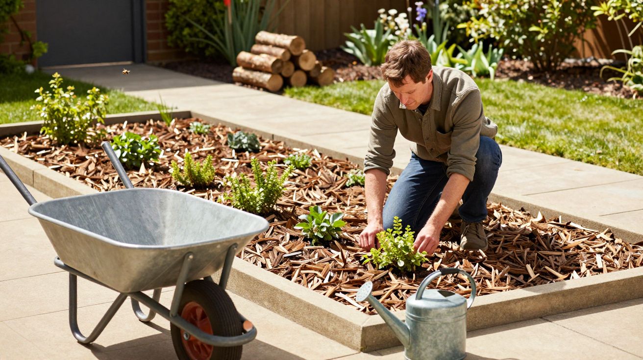 Man gardening in a sunny yard with a wheelbarrow, watering can, and flower bed surrounded by lawn.