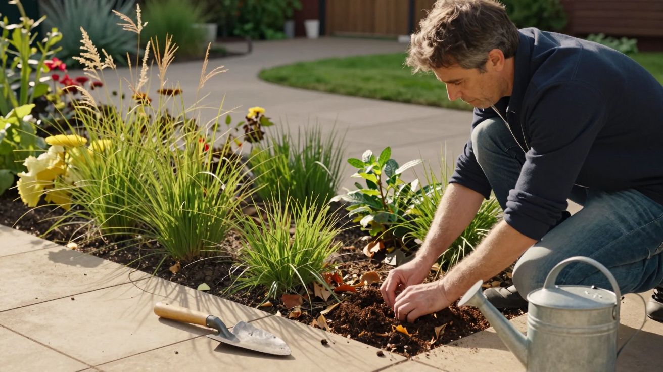 Man gardening, planting bulbs in a flowerbed with a trowel and watering can beside him on a sunny day.