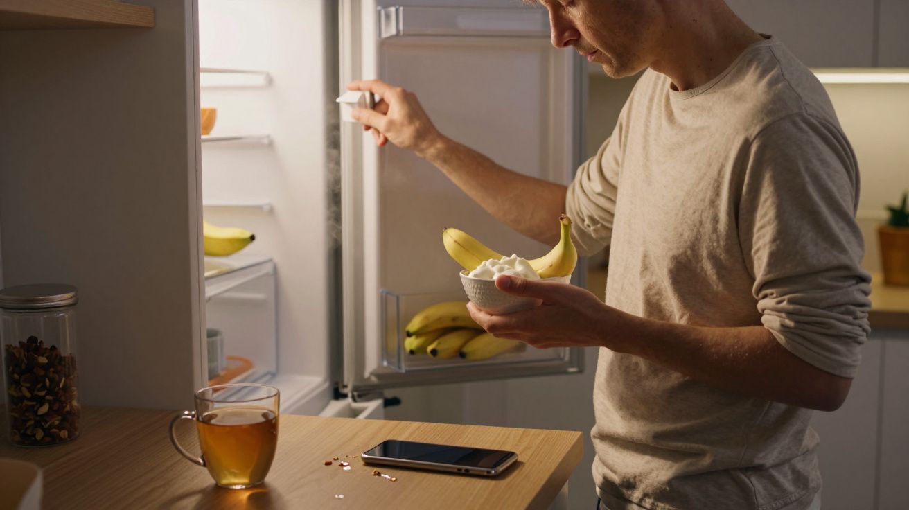 Man with bowl of yogurt and bananas stands by open fridge; tea and phone on counter.