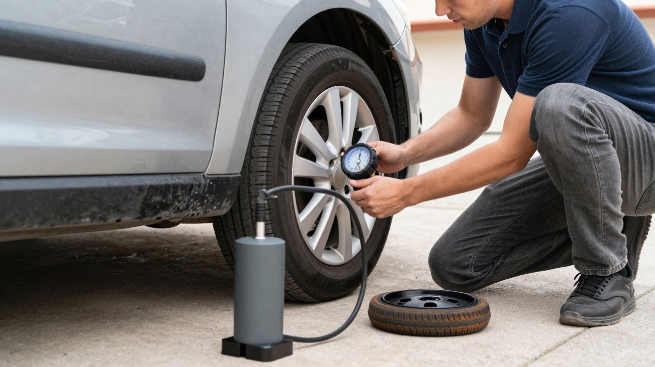 Person checking car tyre pressure with a gauge and portable air pump, spare tyre on the ground nearby.