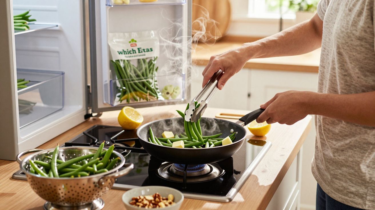 Person cooking green beans with butter in a frying pan on a hob, lemon and nuts nearby, fridge open with more beans.