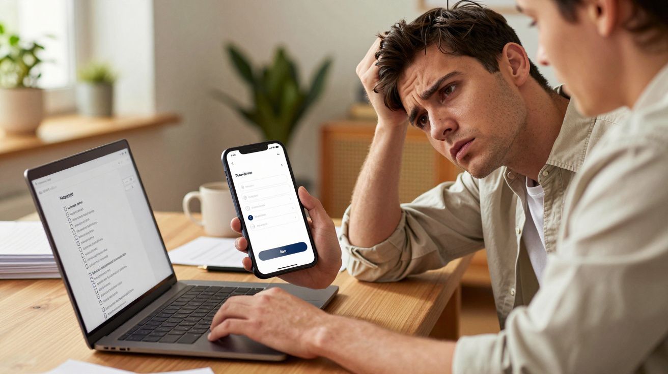 Two men at a table, one holding a phone with a login screen, both looking at a laptop and appearing puzzled.