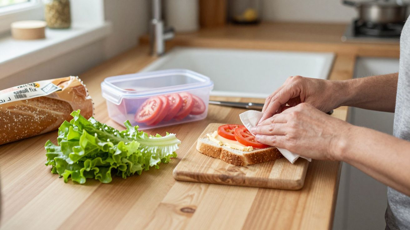 Person preparing a sandwich with lettuce and tomato in a kitchen with bread and ingredients on the counter.
