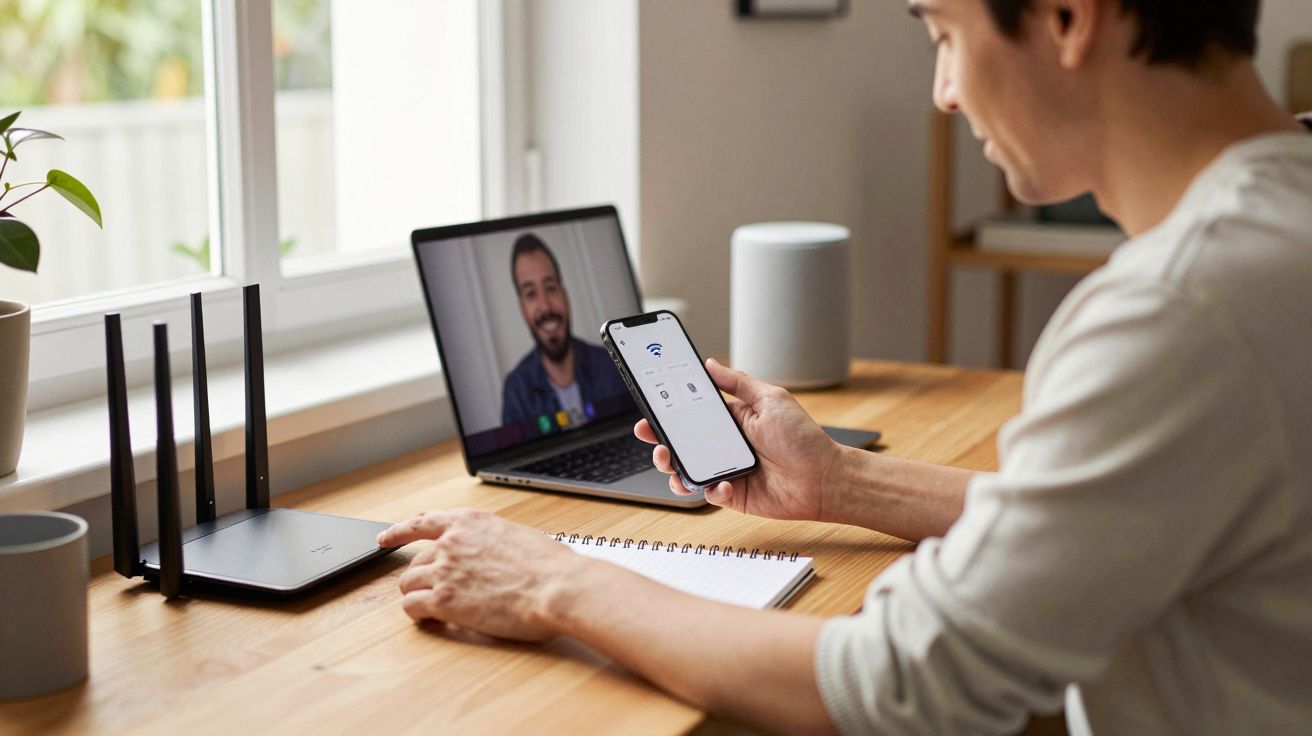 A man adjusts a Wi-Fi router while video calling on a laptop, holding a smartphone displaying a Wi-Fi symbol.