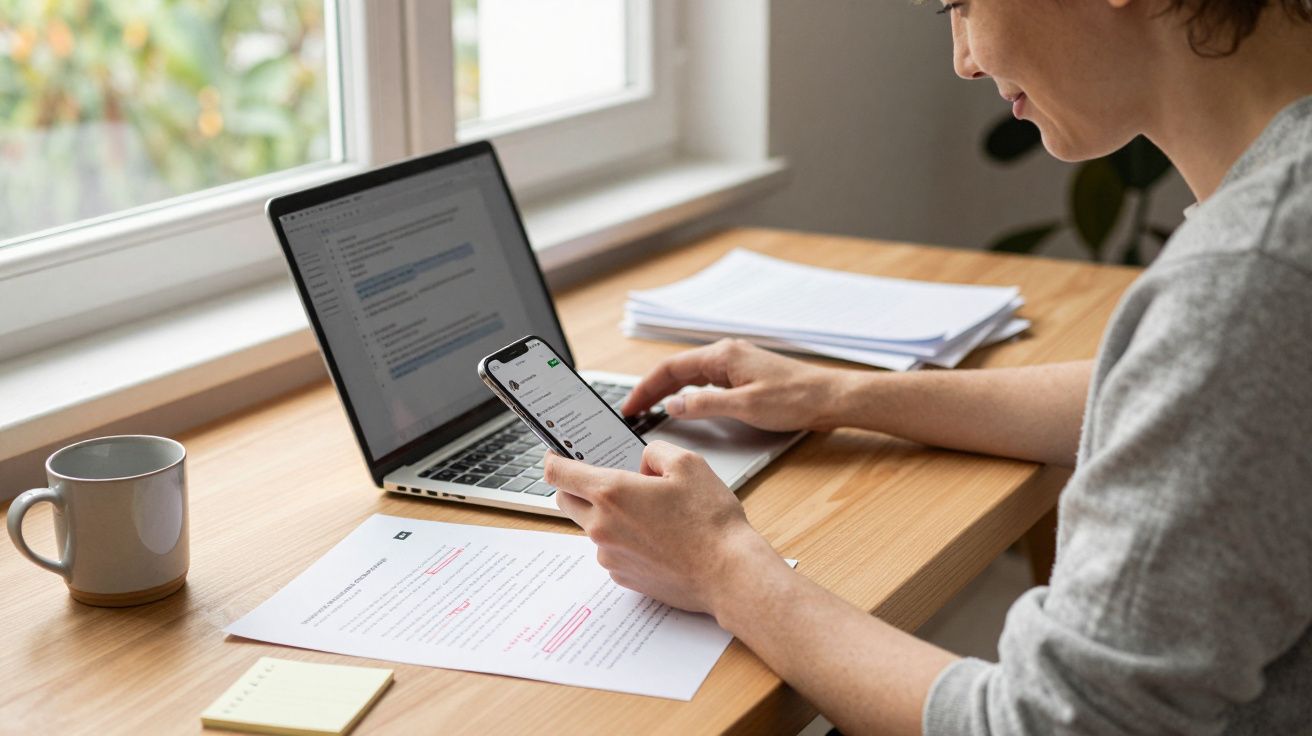 Person working on a laptop and smartphone at a wooden desk, papers and sticky notes nearby, window view.