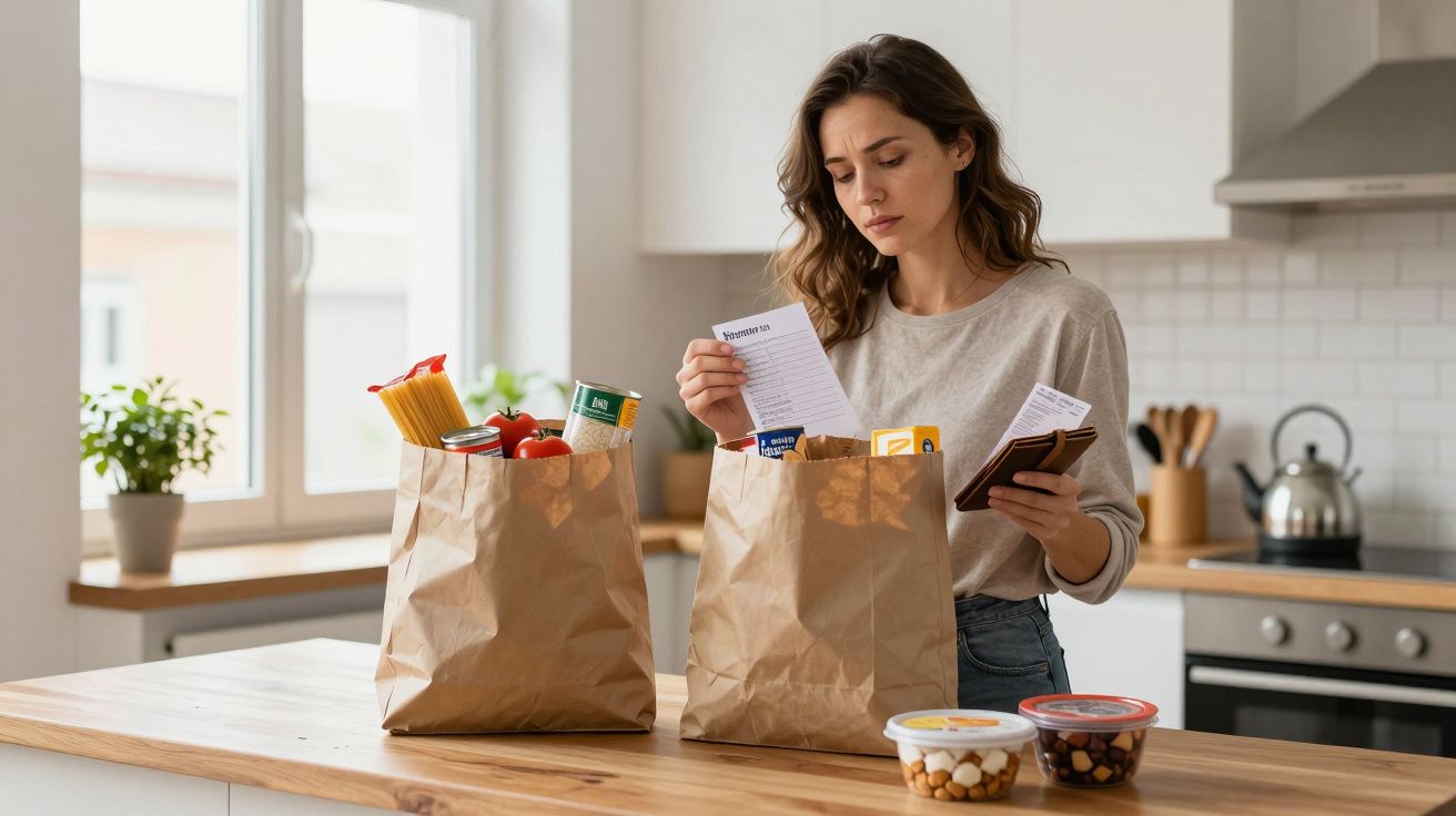 Woman in kitchen checking a receipt and holding a phone next to grocery bags filled with food items on worktop.