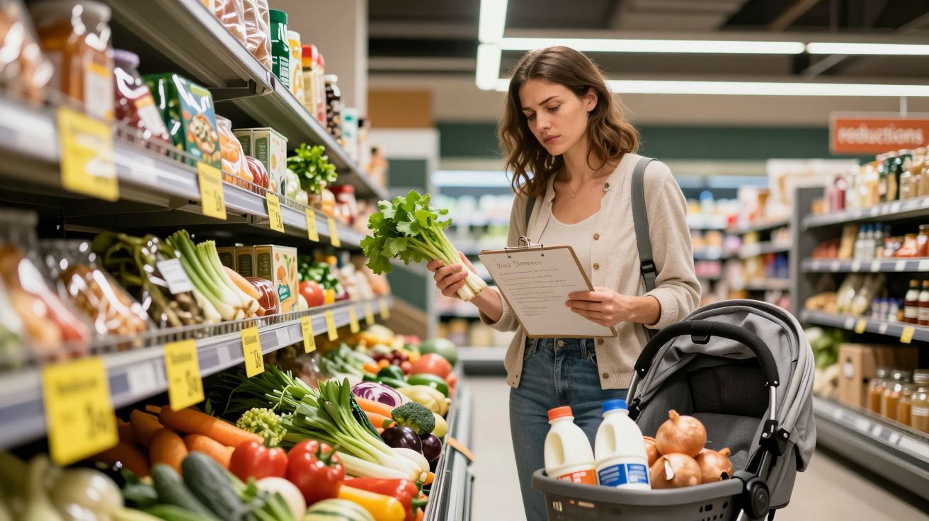 Woman with clipboard shopping in supermarket, holding celery, standing next to a trolley with groceries and a pram.