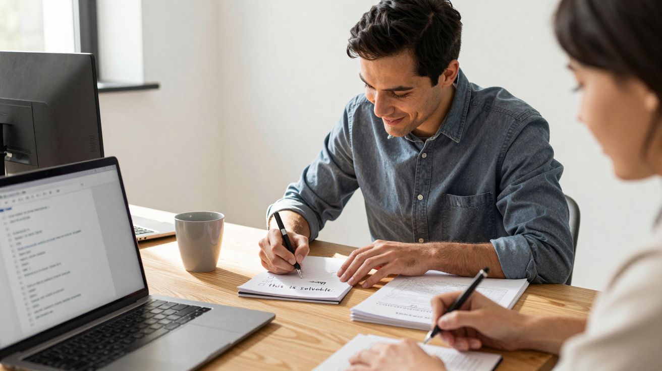 Two people at a desk writing notes, with a laptop open and papers scattered.
