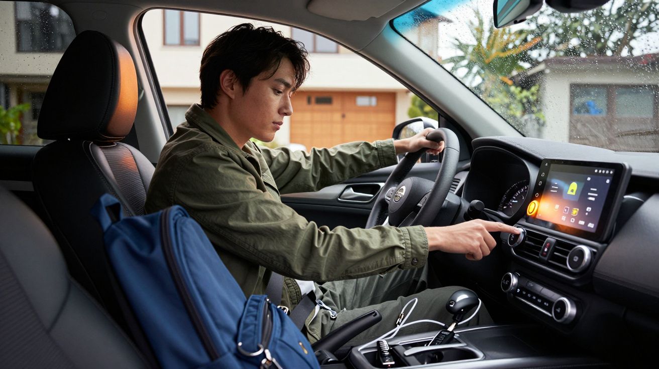 Man in green jacket uses touchscreen in parked car, blue backpack on passenger seat.