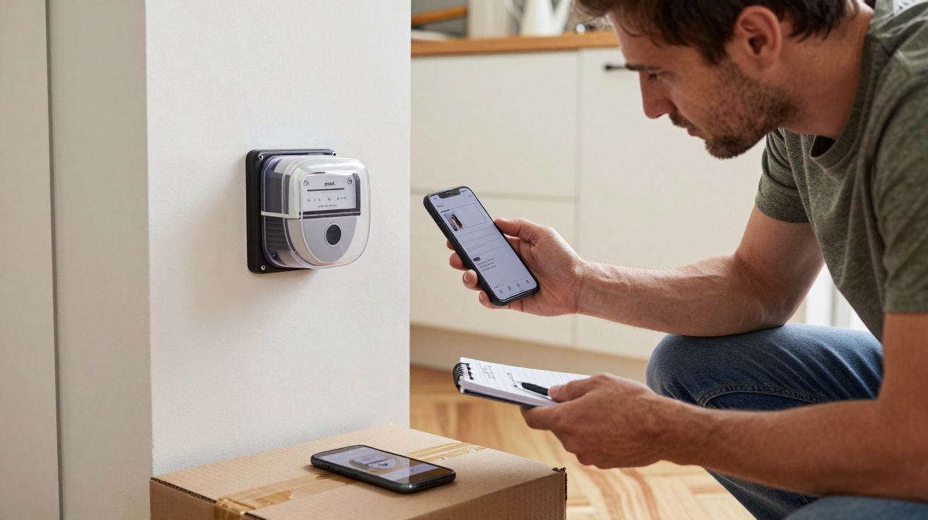 Man using smartphone to read smart meter display mounted on a wall, standing next to cardboard box in home setting.