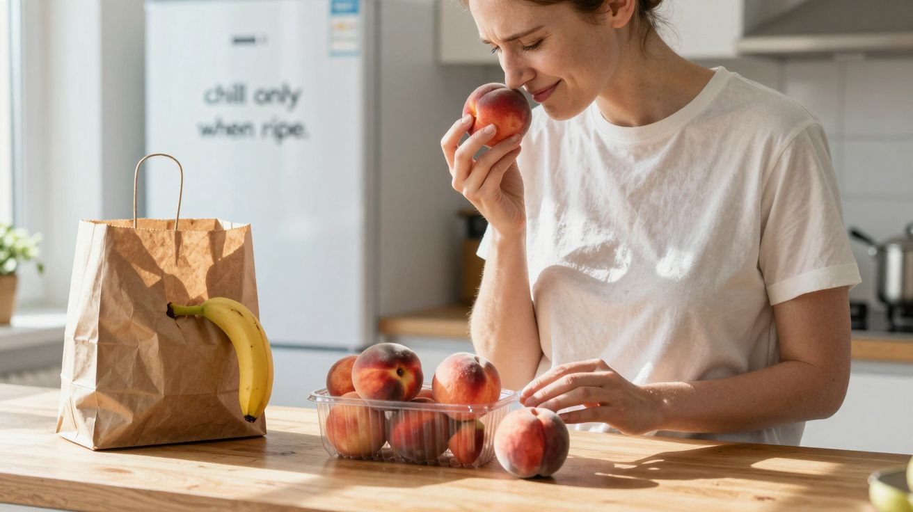 Woman smelling a peach in a kitchen, with a paper bag and banana on a wooden table.