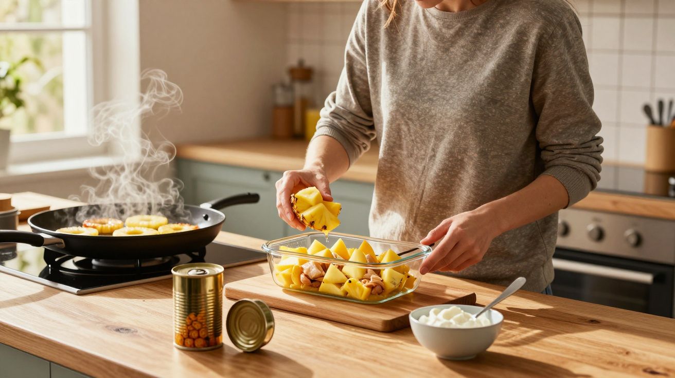 Person preparing a pineapple dish in a kitchen, with a frying pan, open tin, and a bowl of yoghurt on the countertop.