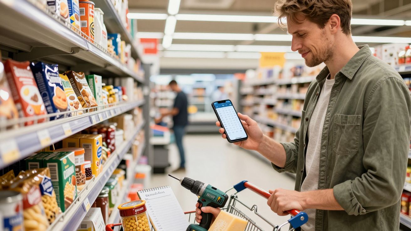 Man in supermarket aisle checks phone, shopping trolley with drill and groceries, list visible, shelves filled with snacks.
