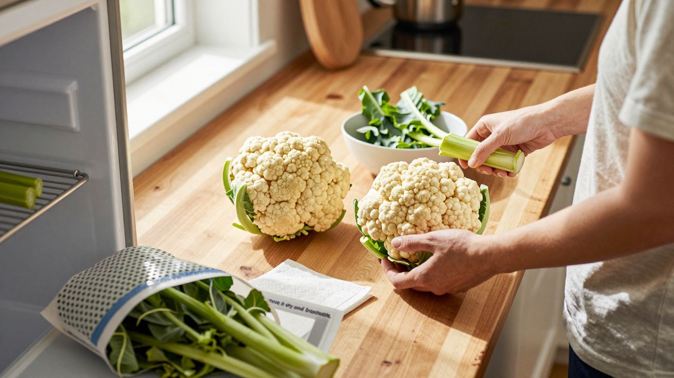 Person preparing fresh cauliflower on a wooden kitchen counter near a window, with broccoli stored in a fridge drawer.