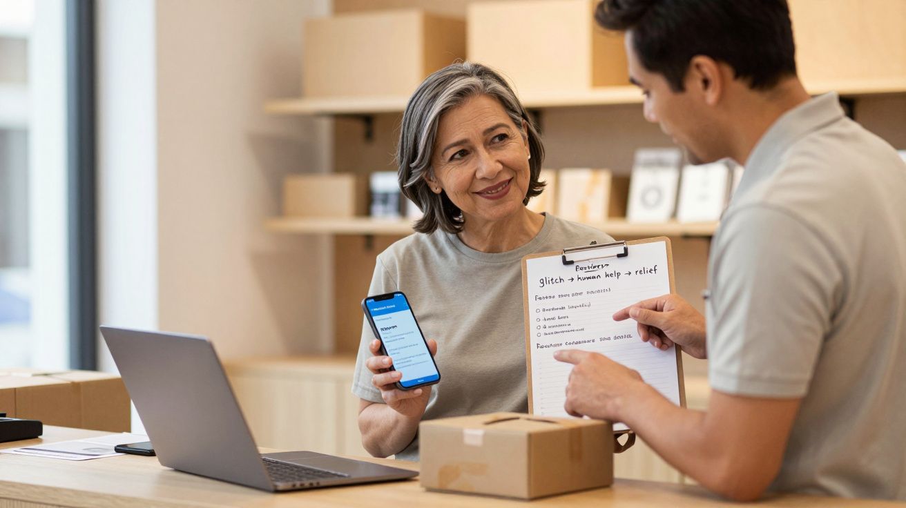 Man and woman discussing delivery details in a modern office with a laptop, smartphone, and clipboard.