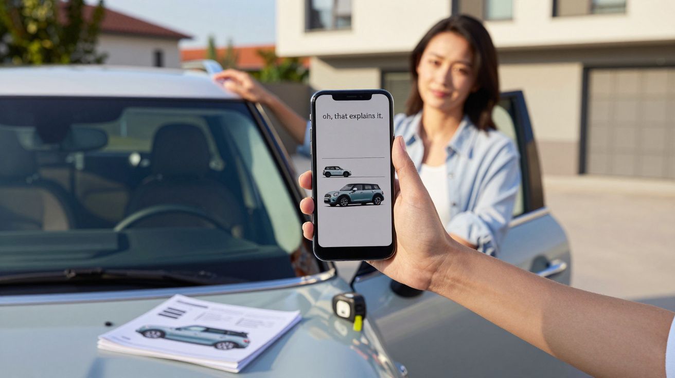 Person showing a smartphone with car image to a woman standing by a vehicle, with brochures on the car bonnet.