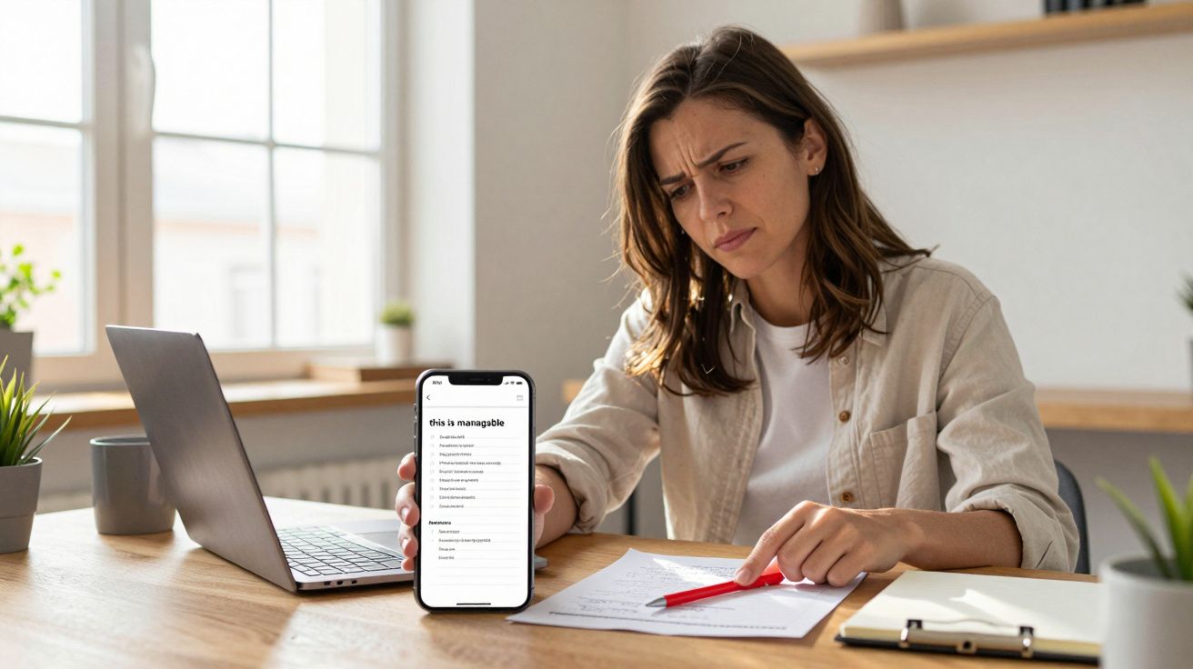Woman at desk, looking at papers and holding smartphone with document, laptop open, and red pencil in hand.