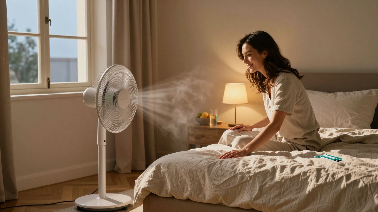 Woman sitting on bed, enjoying mist from a fan, with a bedside table lamp and window in the background.