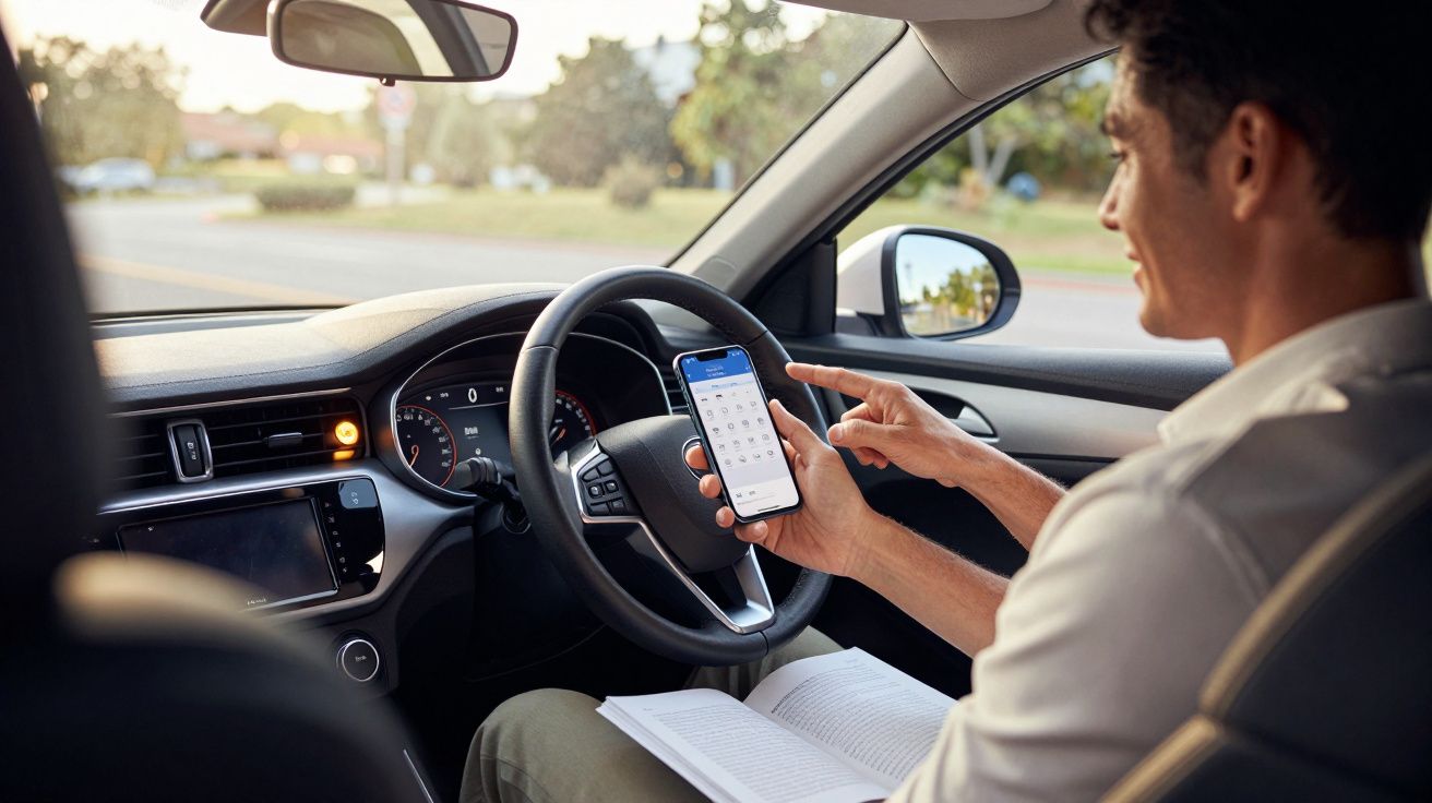 Man in car using smartphone calendar app, parked in residential area during daytime.