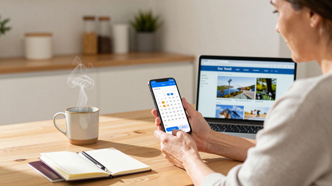 Woman checking calendar on phone at home desk with laptop, notebook, and steaming cup nearby.