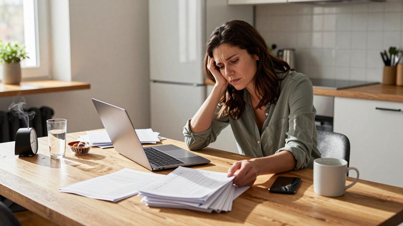 A woman sitting at a kitchen table, looking stressed, surrounded by papers, a laptop, and a cup of coffee.