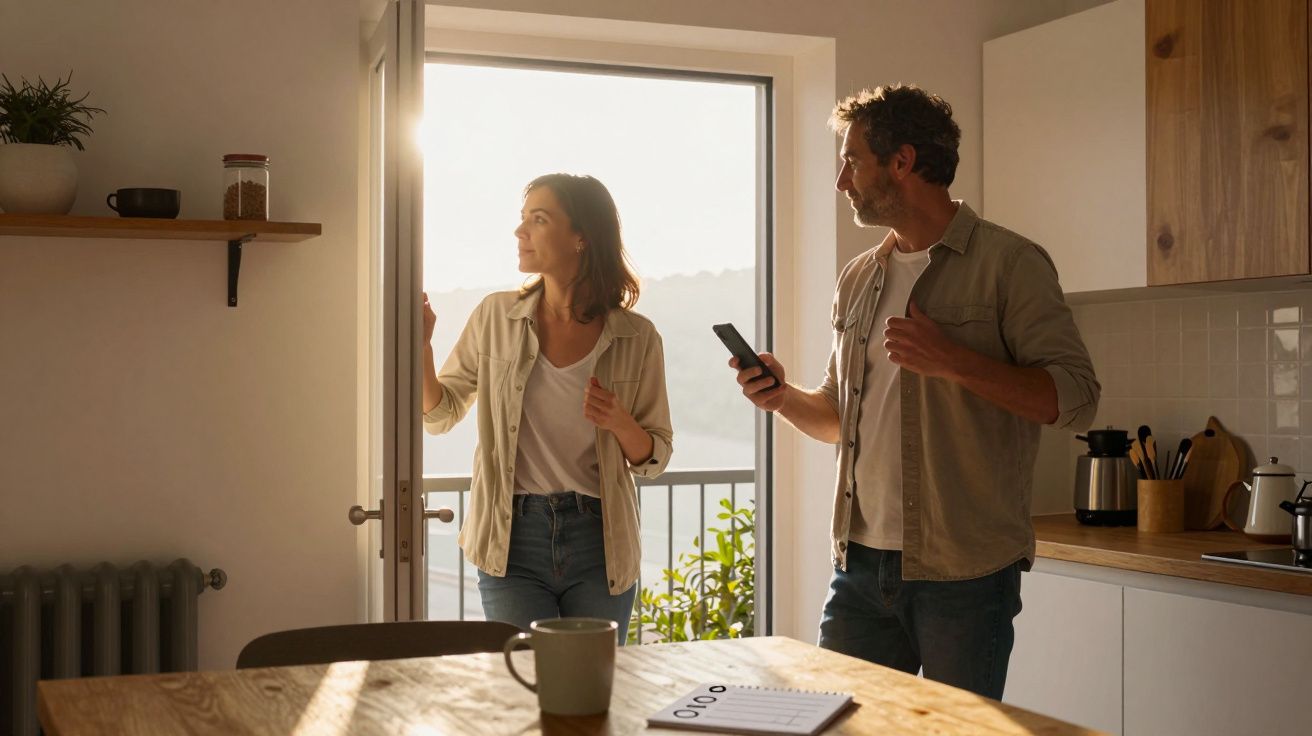 A man and woman stand in a sunlit kitchen near a door, with a smartphone, coffee cup, and notepad on the table.