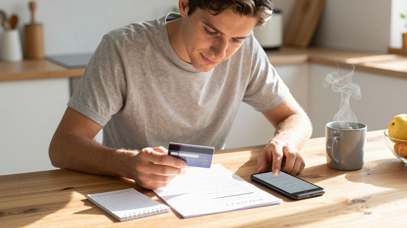 Man in grey t-shirt sitting at a table with a cup, using a smartphone and holding a credit card, with papers on the table.