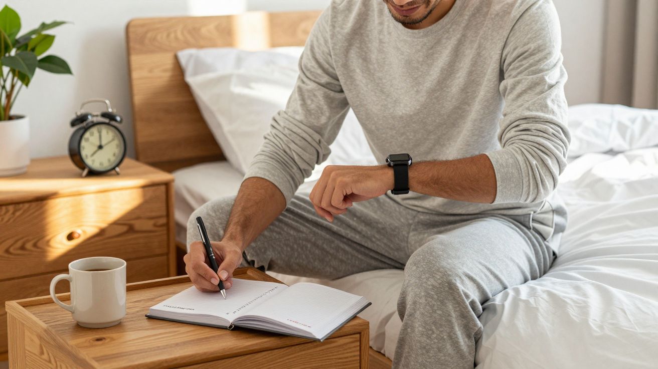 Man in grey pyjamas writing in a notebook on bed, with alarm clock and mug on the bedside table.