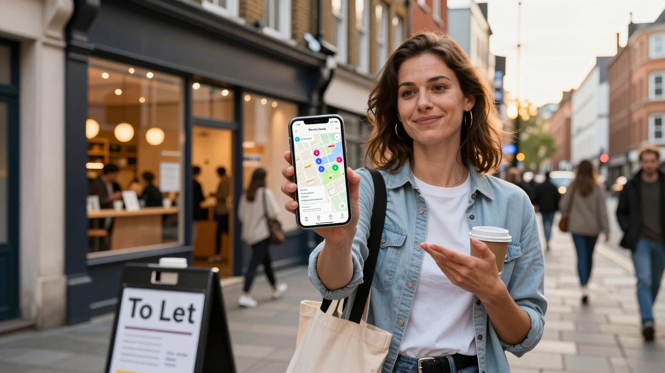 Woman on city street holding smartphone with map app, smiling, carrying take-away coffee and tote bag.