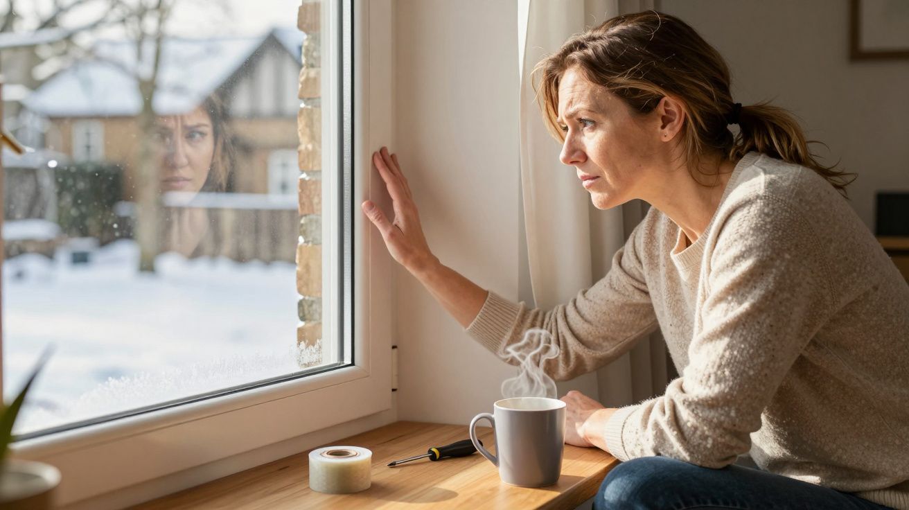 Woman in a cosy sweater gazes out a window with snow outside, steam rising from a mug beside her.