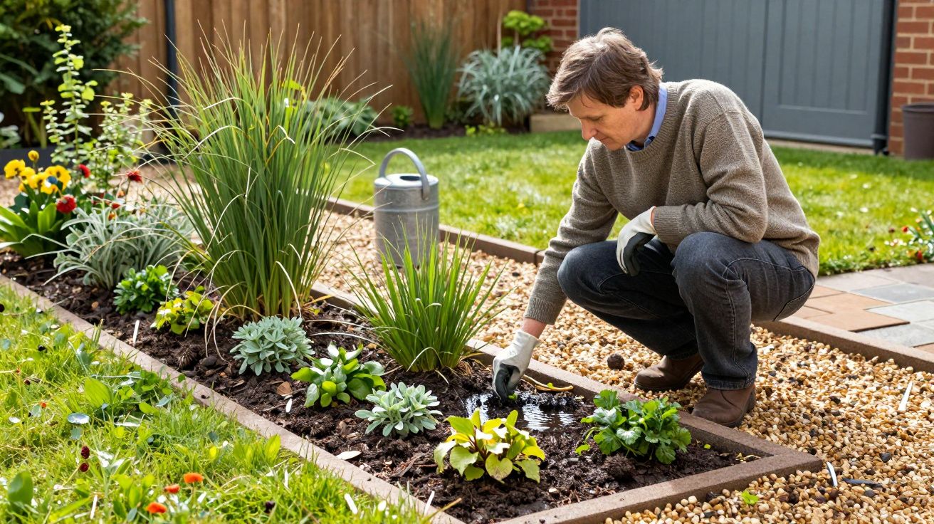 A man gardening, watering a plant in a raised flower bed with a metal watering can nearby, surrounded by gravel.