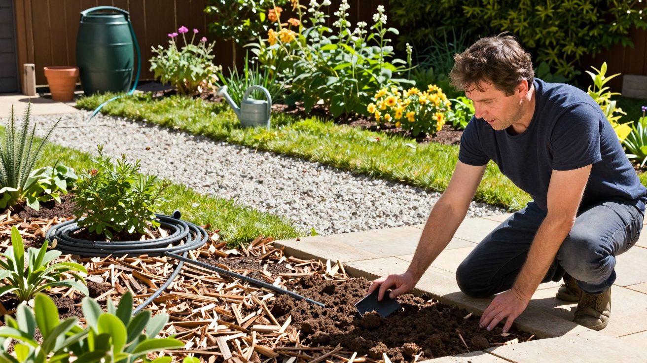 Man planting in a garden, surrounded by flowers and mulch, with a hose and a green barrel in the background.