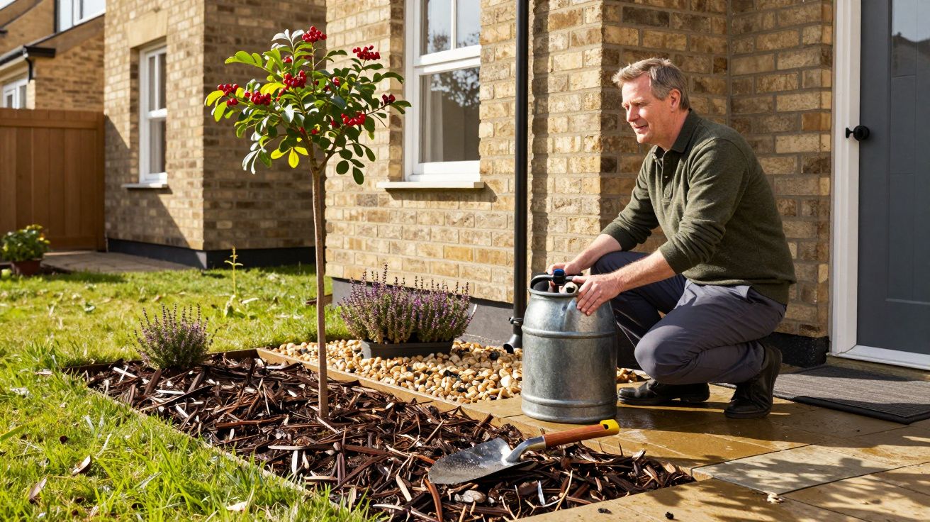 Man watering a young tree in a garden with a metal can, surrounded by mulch and decorative stones, near a brick house.